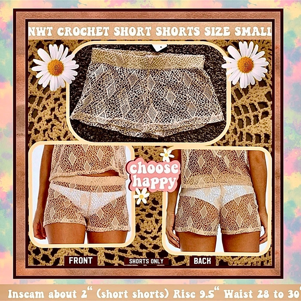 NWT S CHEEKY BEIGE LACE CROCHET SEMI SHEER -SHEER  SHORT-SHORTS SUMMER FUN